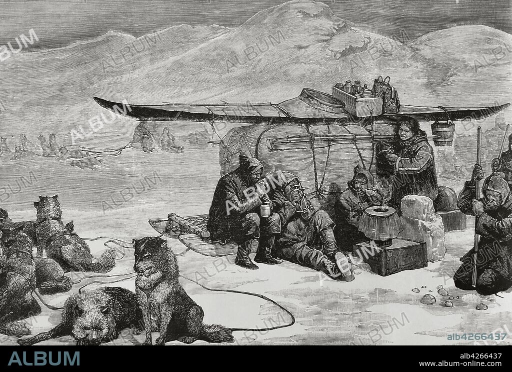 La Expedición perdida del capitán Sir John Franklin a la zona ártica canadiense acabó trágicamente con la muerte de los 129 tripulantes. El Almirantazgo inició en 1848 una búsqueda de la expedición perdida. "Expedición en busca de los restos de Franklin. Descanso de los expedicionarios al pie de la montaña de Divide". Grabado. La Ilustración Española y Americana. 1881.