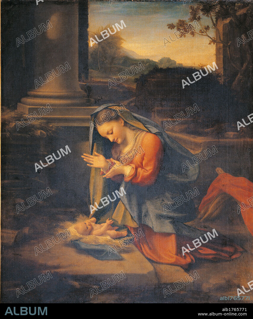 Madonna Adoring the Child, by Antonio Allegri known as Correggio, 1520-1526, 16th Century, oil on canvas, cm 81 x 67. Italy, Tuscany, Florence, Uffizi Gallery. All. Madonna Virgin Mary adoration Jesus Child Baby straw stable dress cloth red blue coat mantel ruin column trees palm landscape. Authorization required for non editorial use.