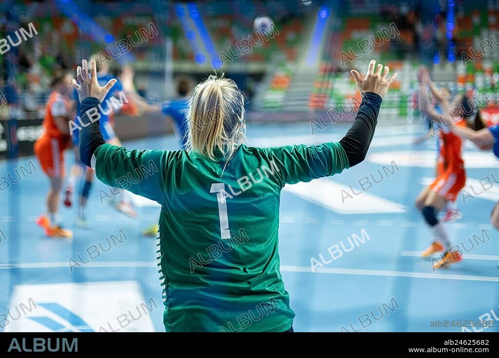 Woman handball goalkeeper during the game. Lubin, Poland