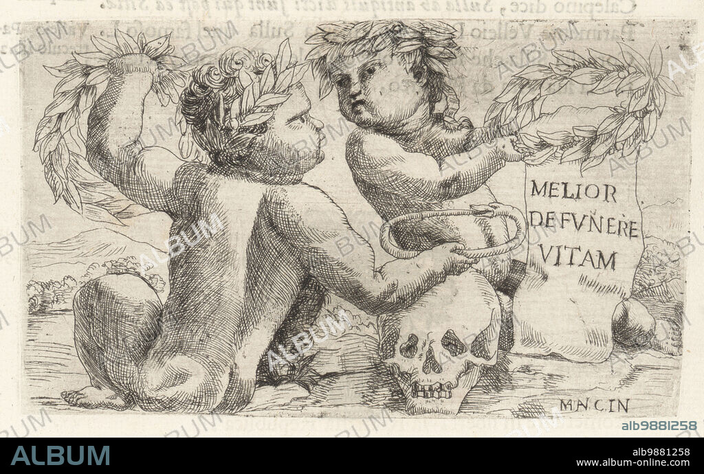 Vignette of two putti in laurel crowns holding an ouroboros over a human skull. Latin motto: Melior Defunere Vitam. Better to bury life. Copperplate engraving by Marcantonio Canini from Giovanni Angelo Canini's Iconografia, cioe disegni d'imagini de famosissimi monarchi, regi, filososi, poeti ed oratori dell' Antichita, Drawings of images of famous monarchs, kings, philosophers, poets and orators of Antiquity, Ignatio deLazari, Rome, 1699.
