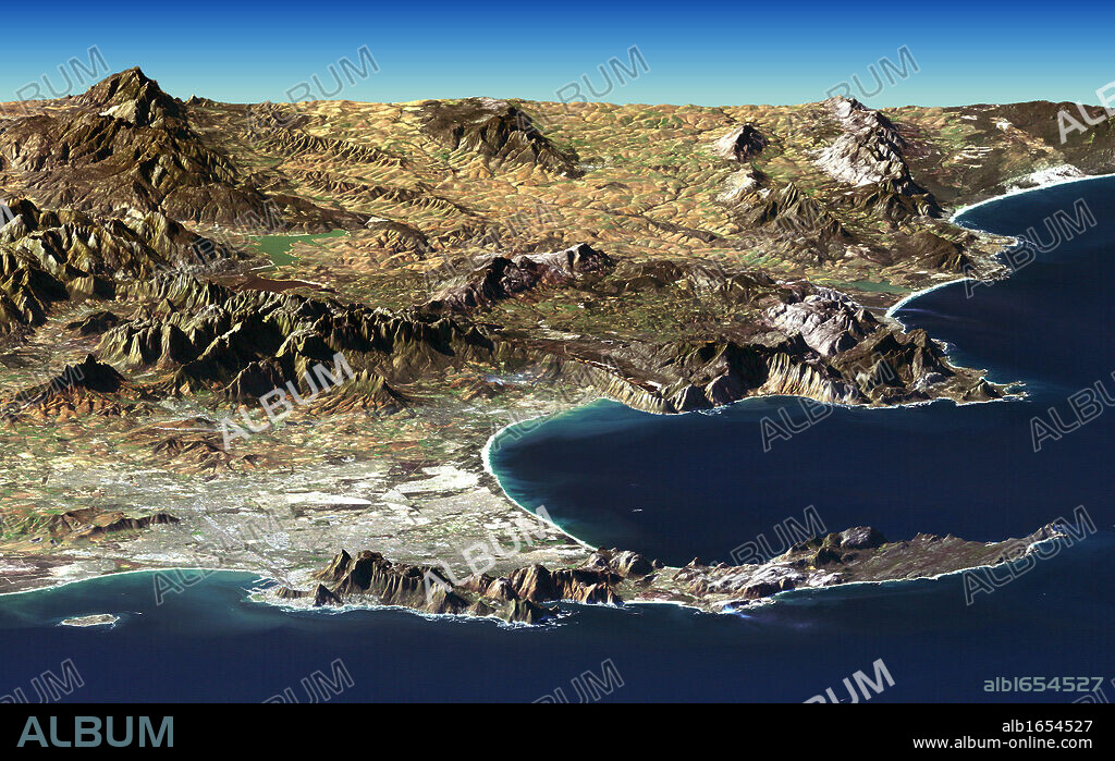 Cape Town and Cape of Good Hope, South Africa, in foreground of perspective view generated from Landsat satellite image and elevation data from the Shuttle Radar Topography Mission (SRTM). Credit NASA. Science Earth Geology.