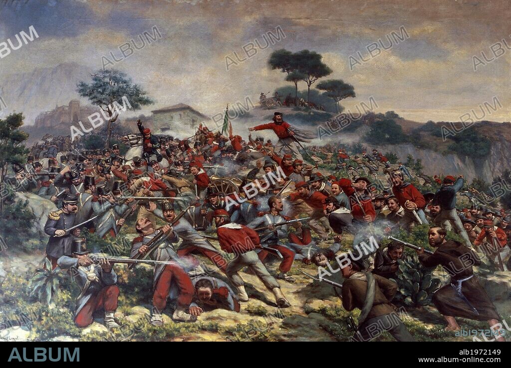 Giuseppe Garibaldi at the Battle of Calatafimi, May 15, 1860, painting by Remy-Legat. Expedition of the Thousand, Italy, 19th century.