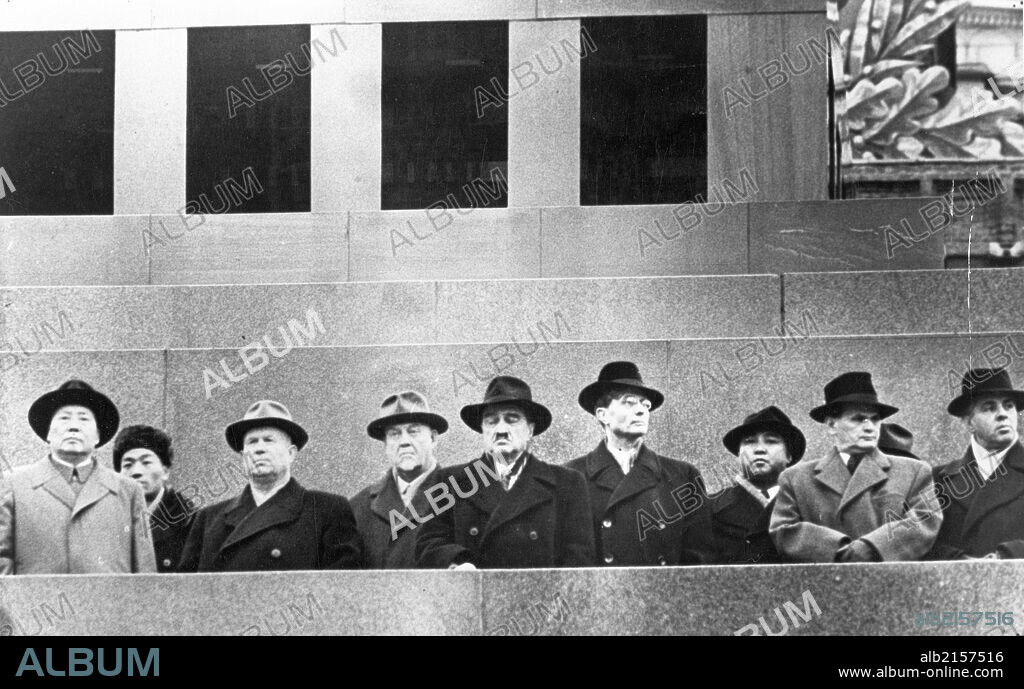 Mao zedong, n, s, khrushchev, n, a, bulganin, a, i, mikoyan, m, a, suslov, kim il sung, v, siroki (czechoslovakia), and enver hoxha (albania) on the tribune of the lenin-stalin mausoleum during the november 7th parade, 1957.