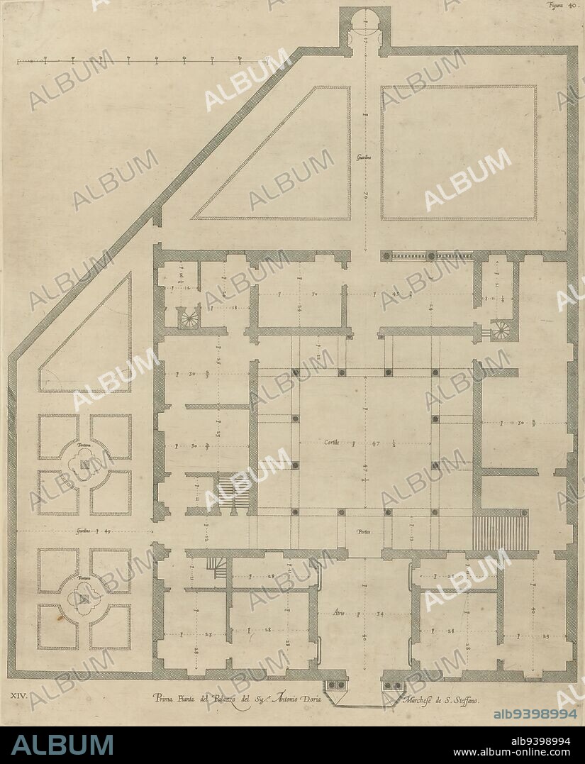 Map of the first floor of the Palazzo Doria-Spinola at Genoa, Prima pianta del Palazzo del sigr. Antonio Doria Marchese de S. Steffano (title on object), This print is part of an album., print maker: Nicolaes Ryckmans, publisher: Peter Paul Rubens, Spaanse kroon, Antwerp, 1622, paper, engraving, height 503 mm × width 402 mm, height 583 mm × width 435 mm.
