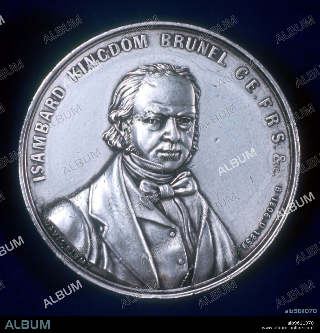 Isambard Kingdom Brunel, English civil and mechanical engineer. Obverse of a medal commemorating his ship the 'Great Eastern'. One of the most prolific figures in the annals of British engineering history, Brunel (1806-1859) initially worked for his father Marc Isambard Brunel on the construction of the Thames Tunnel. He was the chief engineer of the Great Western Railway (GWR) from 1833 to 1858, for whom he designed many bridges and viaducts, including the Royal Albert Bridge, Cornwall, and Clifton Suspension Bridge. Brunel also designed the steamships 'Great Britain', 'Great Western' and 'Great Eastern'.