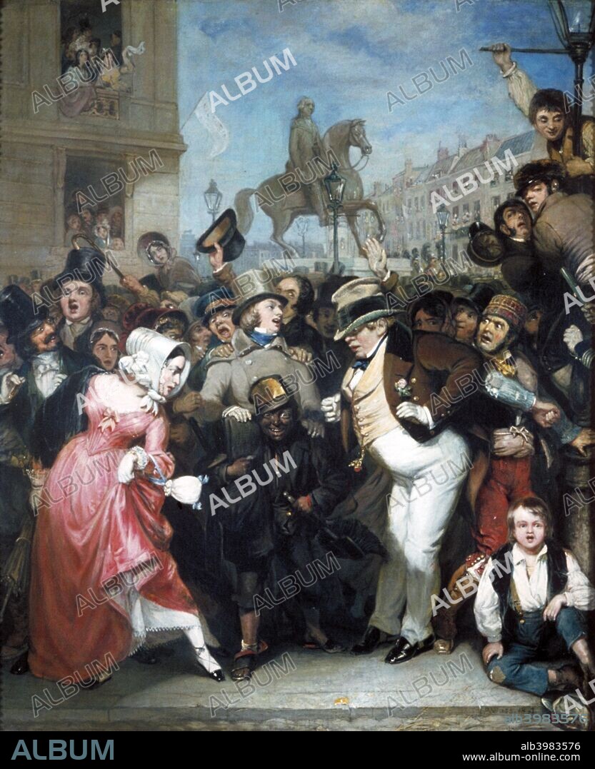 'The Crowd', 1847. Scene showing a cheering crowd looking down Pall Mall, with Wyatt's statue of George III behind them at the junction of Pall Mall East and Cockspur Street. The fait word 'Victoria' over a word beginning with ' A' on the banner above the house on the left suggests the occasion may be Queen Victoria's wedding to Prince Albert, February 1840.