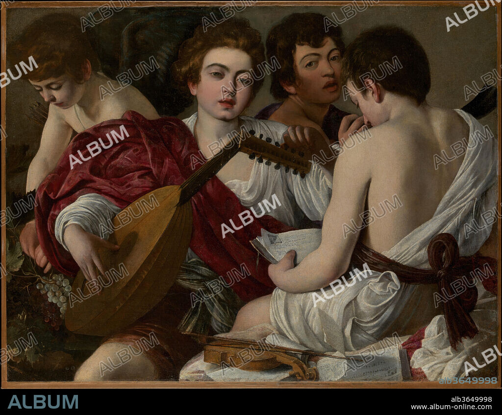 The Musicians. Artist: Caravaggio (Michelangelo Merisi) (Italian, Milan or Caravaggio 1571-1610 Porto Ercole). Dimensions: 36 1/4 x 46 5/8 in. (92.1 x 118.4 cm). Date: 1597.
Although described by contemporaries as "a music piece," this picture presents an allegory of music in terms of a contemporary performance; Cupid's presence signals its allegorical intention. The costumes have a vaguely classical look and Caravaggio included his self-portrait in the second boy from the right. Trained in Lombardy, Caravaggio initially made his reputation in Rome with paintings of half-length figures, such as this one, which was painted for his first great patron, Cardinal Francesco del Monte.