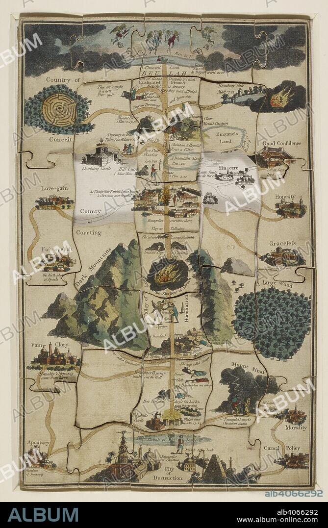 JOHN BUNYAN. An allegorical map of the Pilgrim's Progress. A jigsaw. The Pilgrim's Progress dissected, or a Complete view of Christian's travels, etc. [An engraved coloured jig-saw puzzle, with a plain key.]. London : John Wallis, etc. ; Leeds : John Binns, 1790. Source: C.110.c.20. Language: English.
