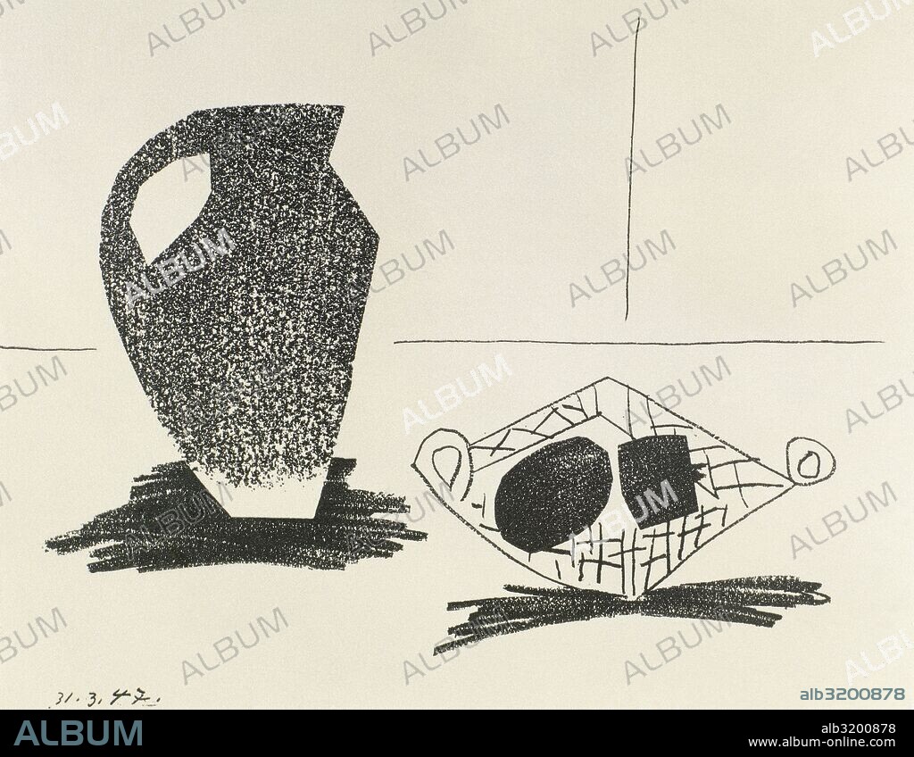 PABLO PICASSO. Pablo Ruiz Picasso (1881-1873). Spanish painter. Still life with stoneware jup. Paris, March 31, 1947. Size: 49, 7 x 65,6 cm. Lithography.