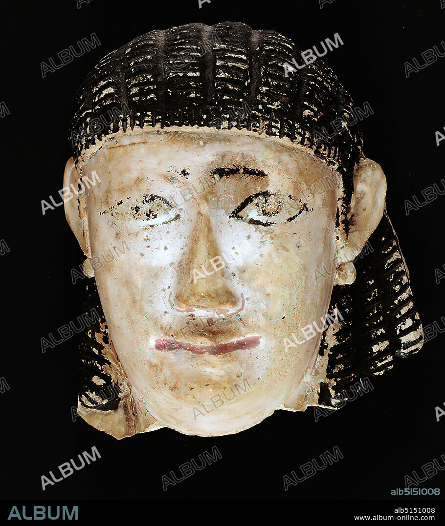 Tuna el-Gebel, Antinoopolis Workshop Group 1, Female Mummy Mask, Formerly Johannes W. F. Collection Reimers (Hamburg), Plaster, pressed into the mold, hand modeled, cold painting, stucco, gold leaf, Total: Height: 16 cm; Width: 13.8 cm; Depth: 7.7 cm, mummies, burial objects, woman, head, head, face, antiquity, Originally these stucco masks had a wooden or stucco breast part, which was worked into the wrapping of the mummy The half-erect head shows the deceased in that moment when they awaken to new life after death. These masks are made in Roman times in central Egypt. The flat lying head has a strict, symmetrical form. The black hair on the head is arranged in smooth longitudinal bulges, ends low and clearly defined in the forehead with a stylized curl stripe. Four small slopes in front, three large ones behind the ears. Under each earlobe is a spherical earring with traces of former gilding. On the naturally flesh-colored skin the eye rims, the high-set pupils and the eyebrows are painted. The mouth is enlivened by a line in darker pink. A red line runs down both sides along the hairline from the earlobe to the neck.