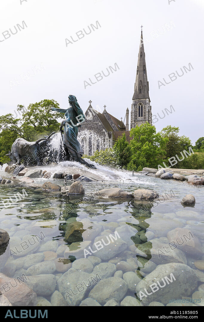 St. Alban's Church with the Gefion Fountain in the foreground, Churchill Park, Copenhagen, Denmark, Europe.