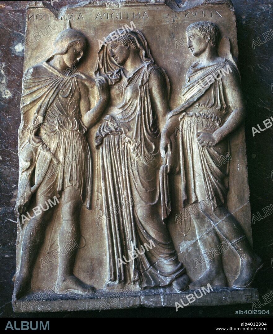 Hellenistic Greek relief of Orpheus and Eurydice. Orpheus is turning to look back at Eurydice when returning from Hades, condemning her back to the underworld. The Greek names above are a modern addition and are incorrect. From the Louvre's collection, 4th century BC.