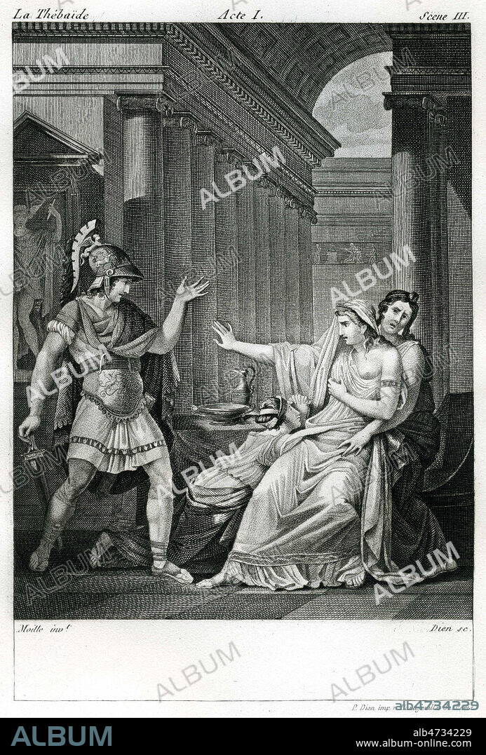 Antigone aux pieds de sa mere Jocaste soutenue par Olympe devant Eteocle. Illustration anonyme pour La Thebaide ou les freres ennemis (Acte 1; scene II)I de Jean RACINE (1639-1699). Credit : Collection KHARBINE-TAPABOR.