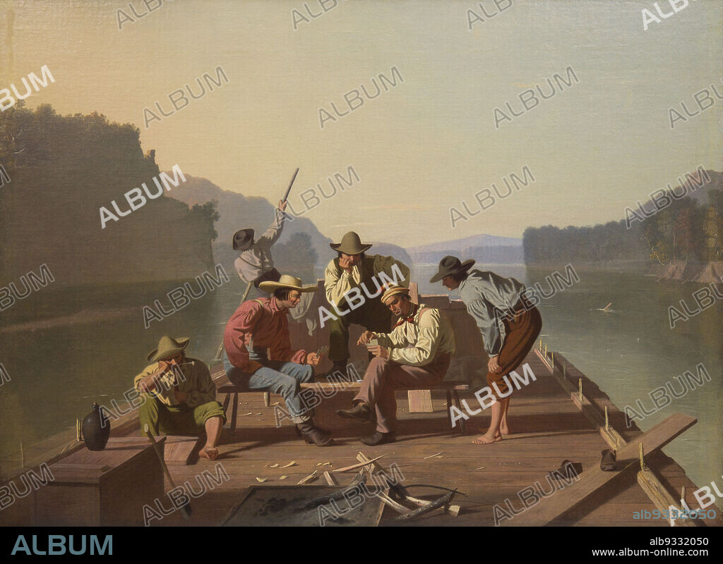 Raftsmen Playing Cards, George Caleb Bingham, American, 18111879, 1847, Oil on canvas, Made in Missouri, United States, North and Central America, United States, North and Central America, Paintings, 28 1/16 x 38 1/16 in. (71.3 x 96.7 cm).