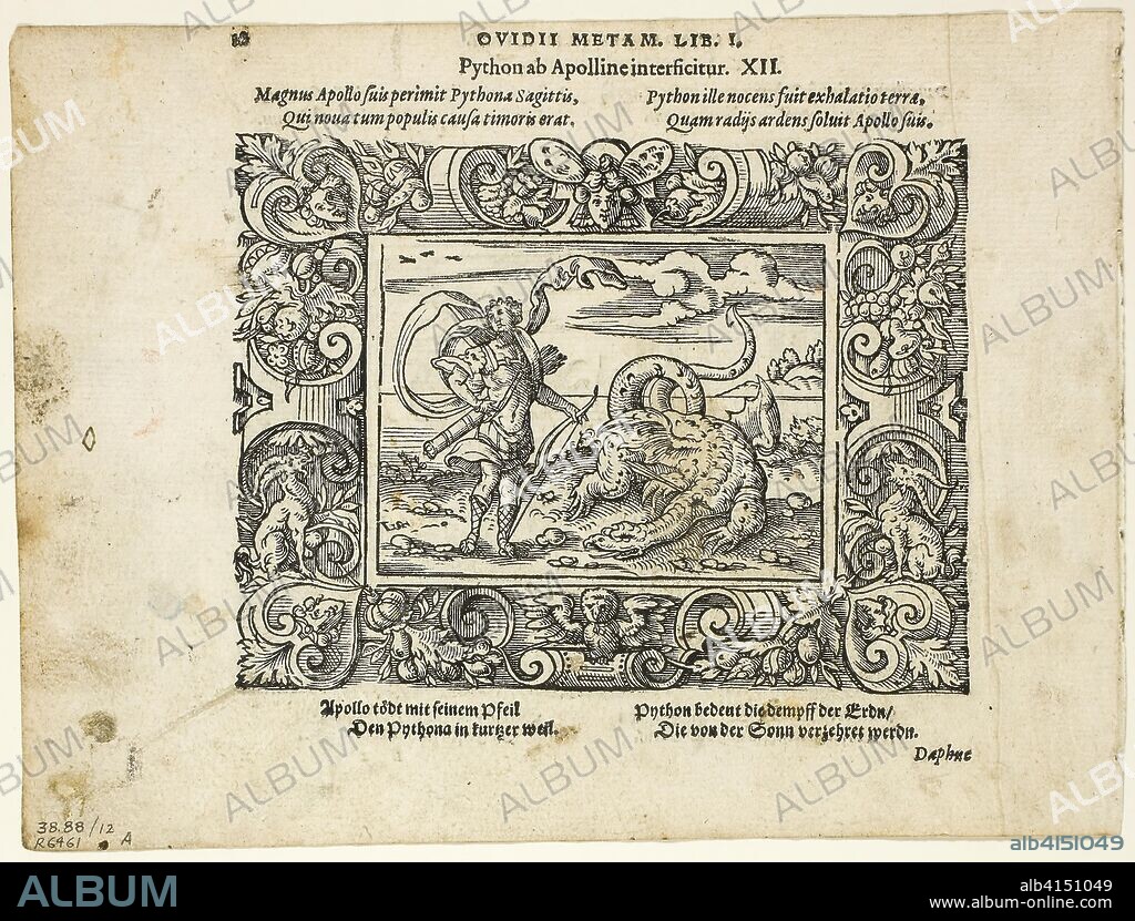 THE ELDER VIRGILIUS SOLIS. Schöne Figuren auß dem Ovidio (Ovid's Metamorphoses), plate twelve from Woodcuts from Books of the XVI Century. Virgil Solis, the elder (German, 1514-1562); assembled by Max Geisberg (Swiss, 1875-1943). Date: 1569. Dimensions: 99 × 131 mm (image, recto); 133 × 132 mm (image/te×t, recto); 99 × 130 mm (image, verso); 131 × 130 mm (image/te×t, verso); 147 × 198 mm (sheet). Woodcut on paper. Origin: Germany.
