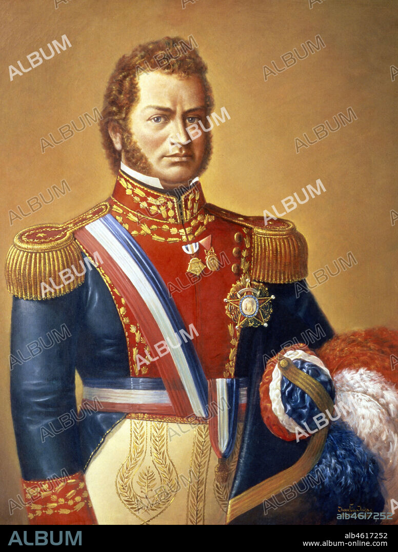JUAN FRANCISCO JARA QUIÑONES. Bernardo O'Higgins Riquelme (1778-1842), político y general chileno, considerado uno de los Padres de la patria, figura relevante de la independencia de Chile. Retrato de 1978, obra de Juan Francisco Jara Quiñones (1942-), autor contemporáneo.