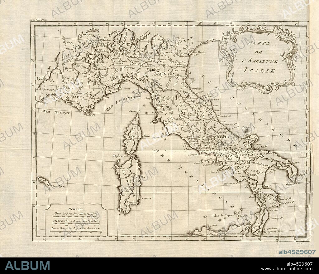 Map of ancient Italy, Map of Italy in ancient times, Fig. 1, Histoire universelle depuis le commencement du monde jusqu'à présent, traduite de l'anglois. T. 8. Amsterdam; Leipzig: chez Arkstée et Merkus, MDCCLXX [1770].