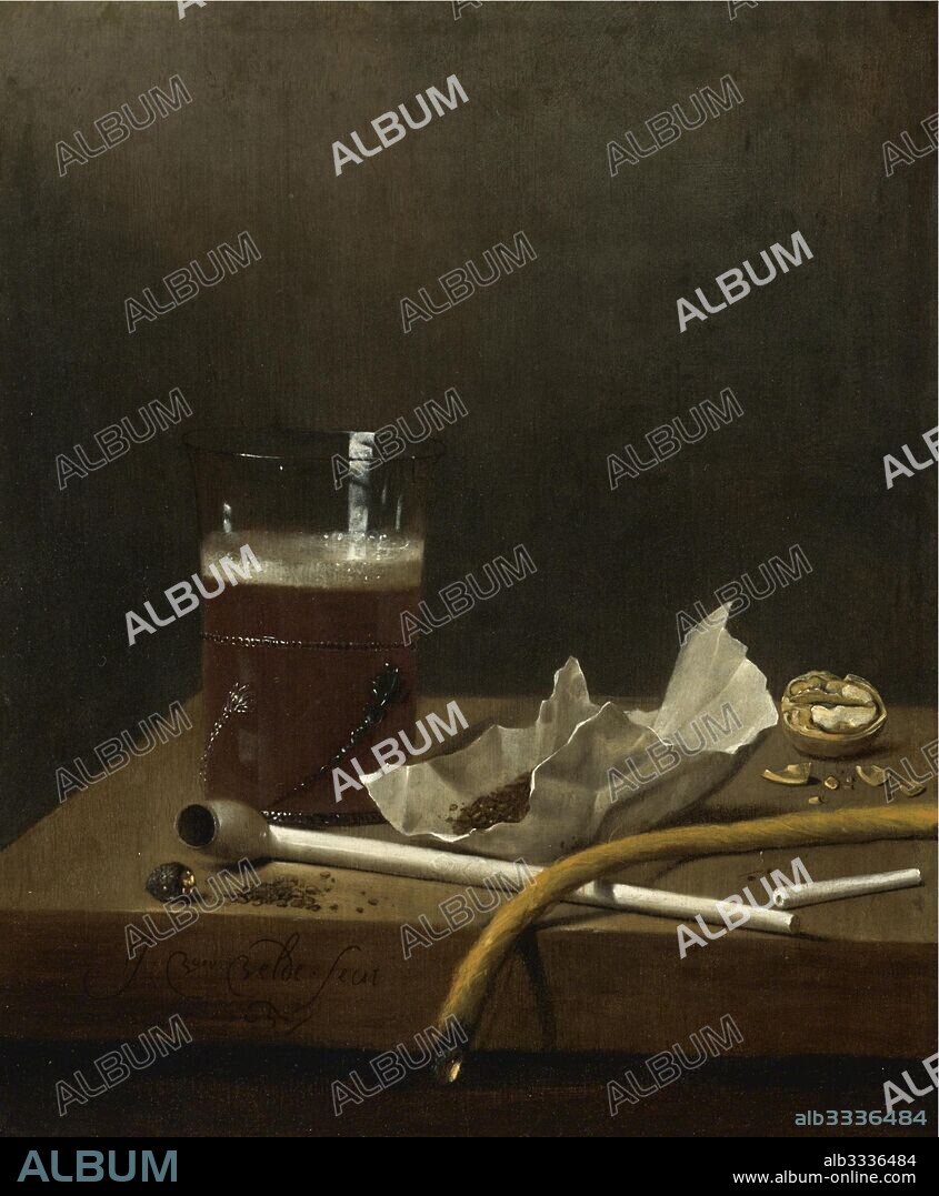 JAN JANSZ. VAN DE VELDE III. Still life with a glass of beer, a pipe, tobacco and other requisites of smoking.