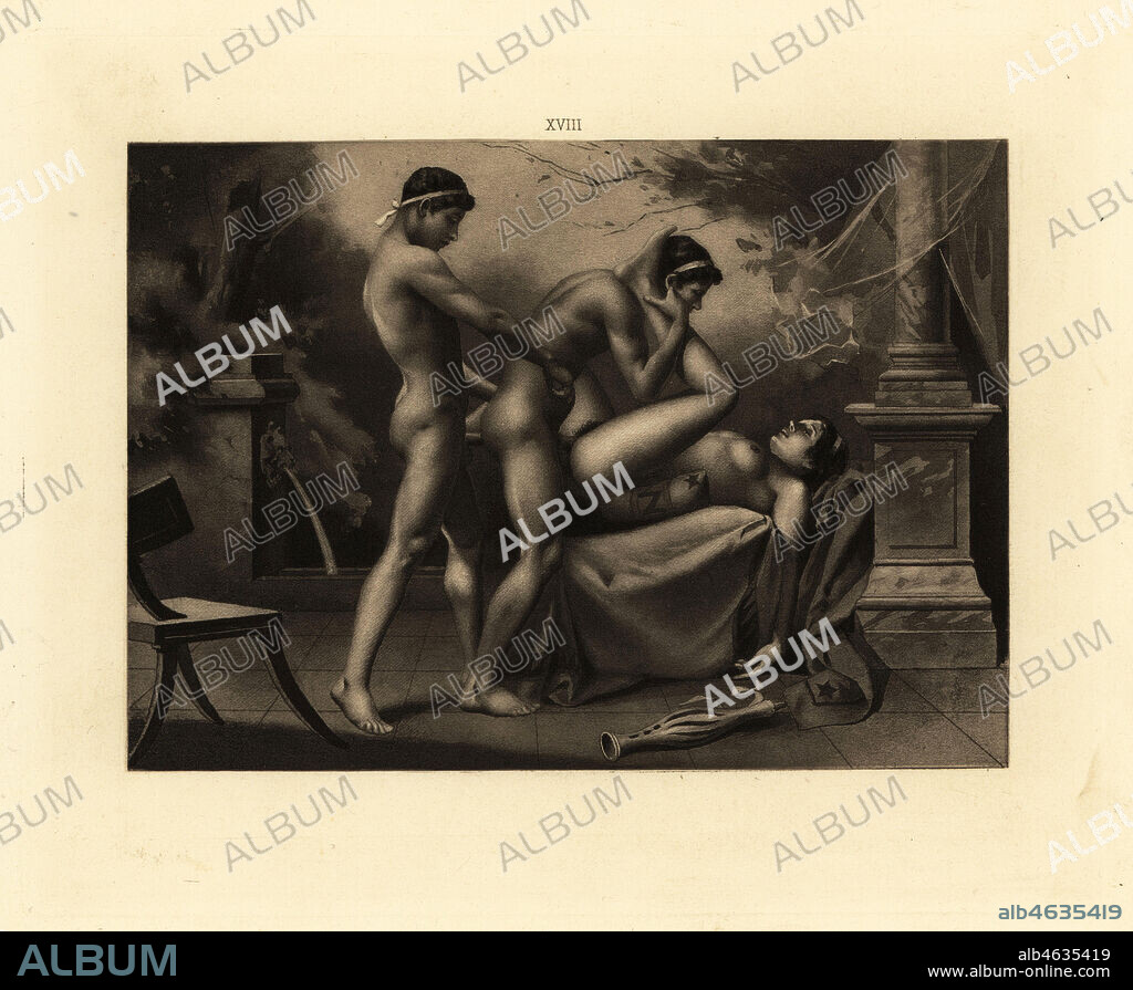 Roman orgy. Aquatint by Theophile Fillon after an illustration by Paul Avril from Friedrich Karl Forbergs Manual of Classical Erotology, Manuel derotologie classique, De Figuris veneris, Charles Hirsch, 1906, translated by Alcide Bonneau (not Isidore Liseaux).