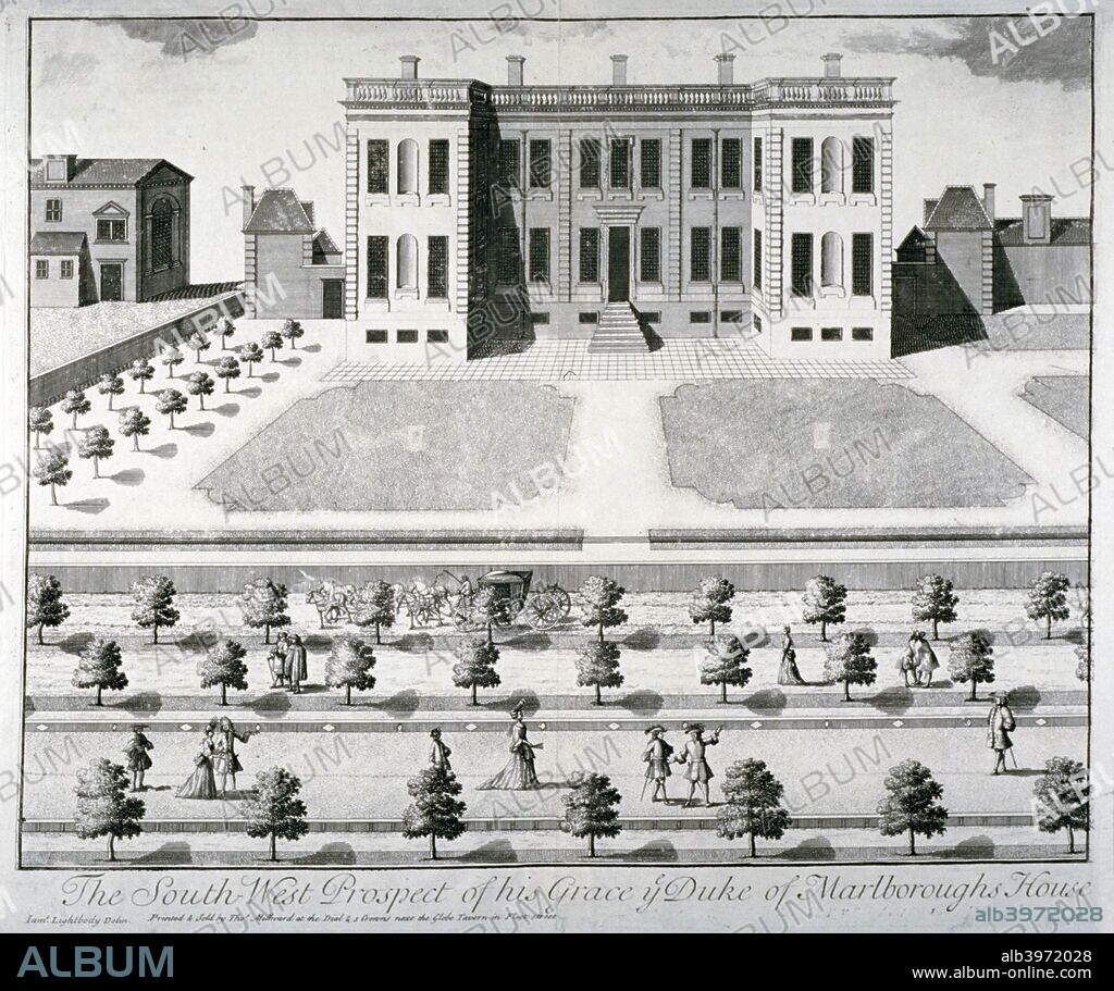 Marlborough House, Pall Mall, Westminster, London, c1720. South-west view with figures and a horse-drawn cart on tree-lined strips in the foreground. Marlborough House was originally built for the first Duke of Marlborough by Sir Christopher Wren in 1709-1711.
