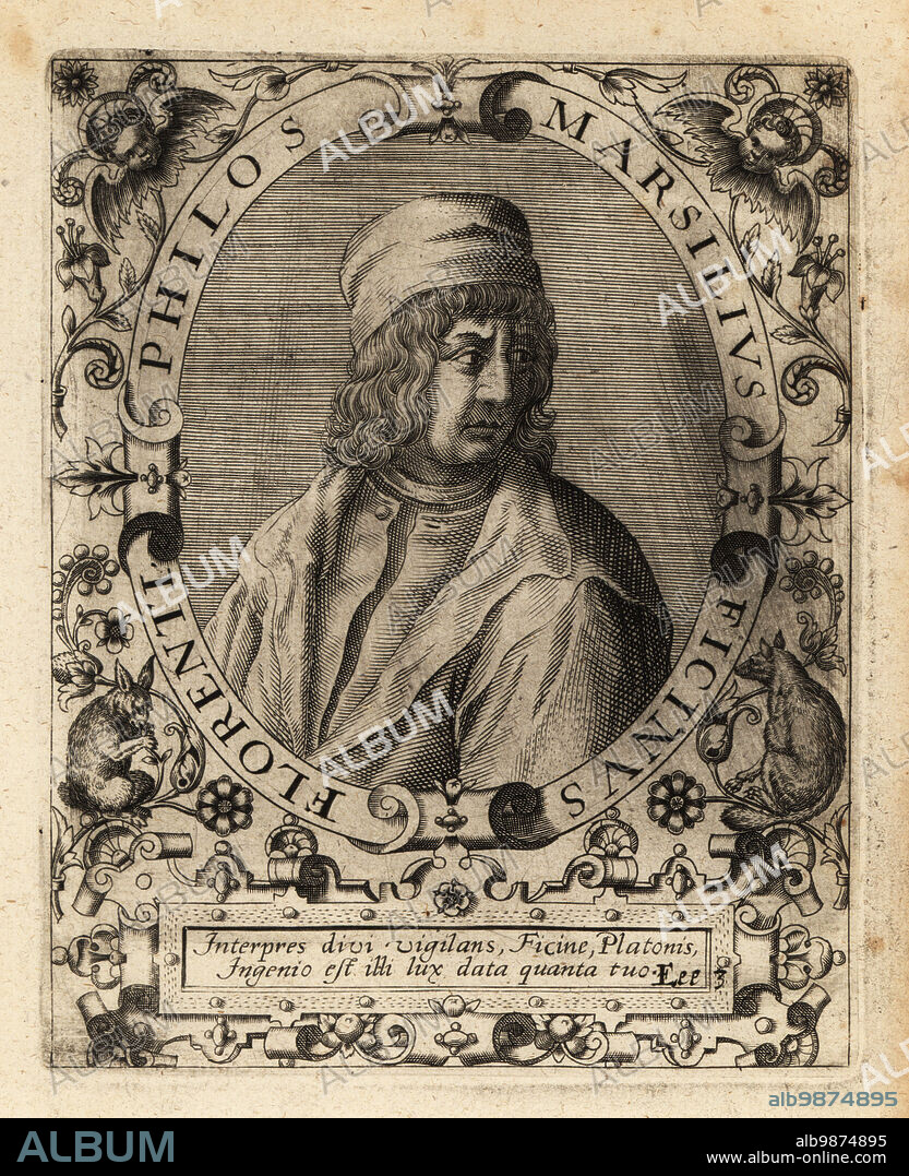 Marsilio Ficino, Italian scholar, Catholic priest and humanist philosopher, 1433-1499. Marsilius Ficinus Florenti Philos. Copperplate engraving by Johann Theodore de Bry from Jean-Jacques Boissards Bibliotheca Chalcographica, Johann Ammonius, Frankfurt, 1650.