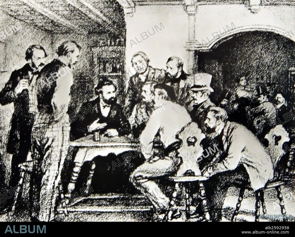 Autumn 1844 meeting in Paris addressed by Karl Marx and Freidrich Engels.  Karl Marx (5 May 1818 – 14 March 1883) was a German philosopher, economist, sociologist, historian, journalist, and revolutionary socialist.