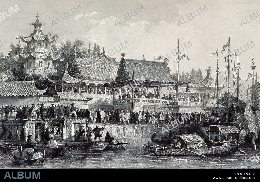 Tianjin (postal map spelling Tientsin) is a metropolis in northern China and one of the five national central cities of the People's Republic of China. The opening of the Grand Canal during the Sui Dynasty prompted the development of Tianjin into a trading center. The Grand Canal (also known as the Beijing-Hangzhou Grand Canal), a UNESCO World Heritage Site, is the longest canal or artificial river in the world and a famous tourist destination. Entitled: "Theater zu Tien-sin." Image taken from page 429 of China, historisch romantisch, malerisch (historically romantic, picturesque). A translation by Thomas Allom with historical and descriptive notes by the Rev. G. N. Wright, published 1843.