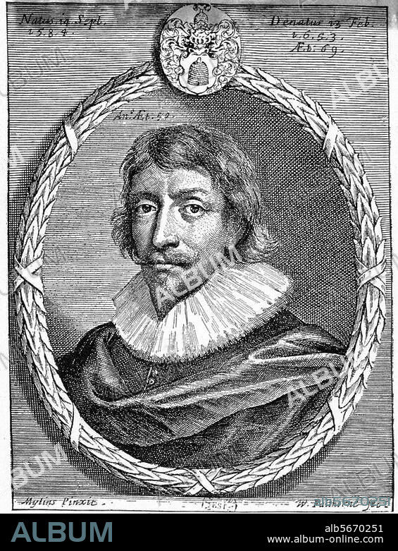 Weckherlin, Georg Rudolf Lyriker. 14.9.1584 Stuttgart - 13.2.1653 London. Porträt. Kupferstich von William Faithorne d. Ä. (1616-1691) nach Gemälde von Mytens.
