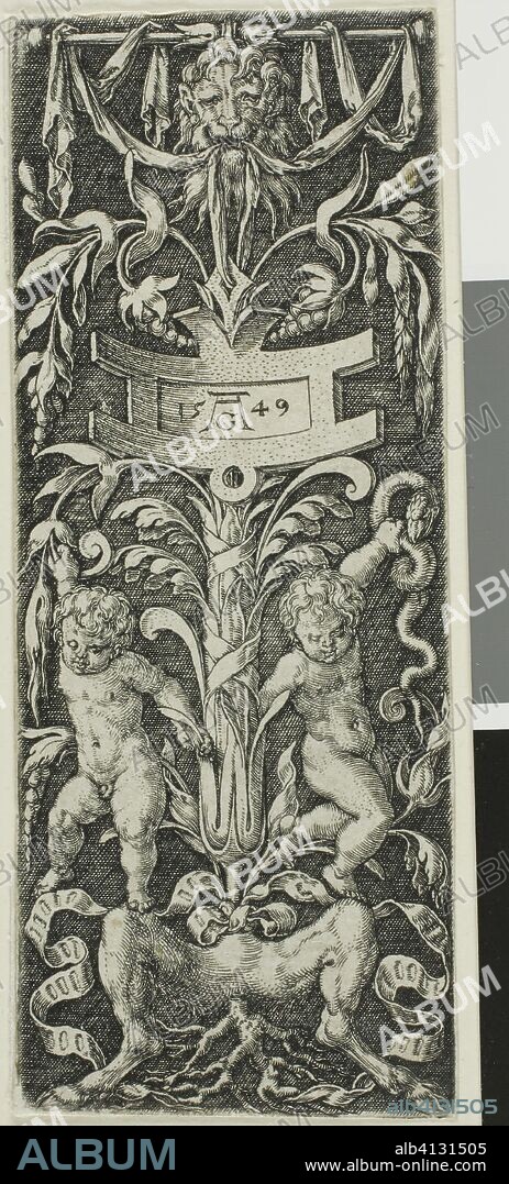 Panel of Ornament with Two Nude Boys Standing on the Legs of a Satyr. Heinrich Aldegrever; German, 1502-c.1560. Date: 1549. Dimensions: 104 × 41 mm (image/plate/sheet). Engraving in black on ivory laid paper. Origin: Germany.
