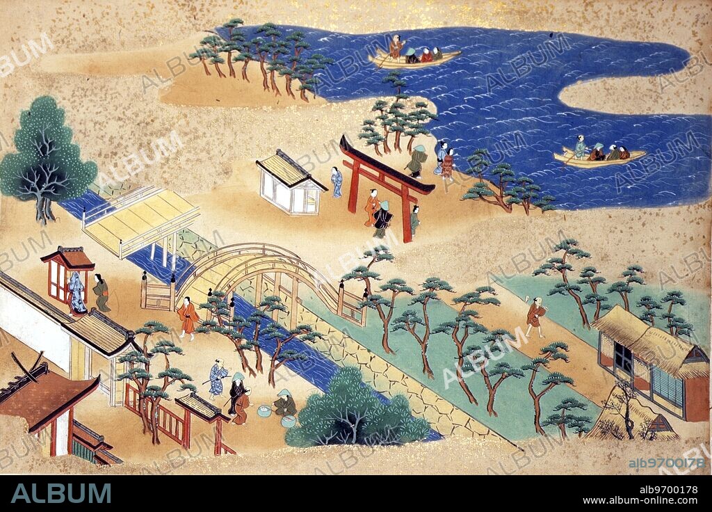 Sumiyoshi shrine in Osaka, Japan, 1670-1692. The Shinto shrine of Sumiyoshi, with the 'drum' bridge, in Osaka. From the 'Kaempfer Collection of Japanese and Chinese Art'.