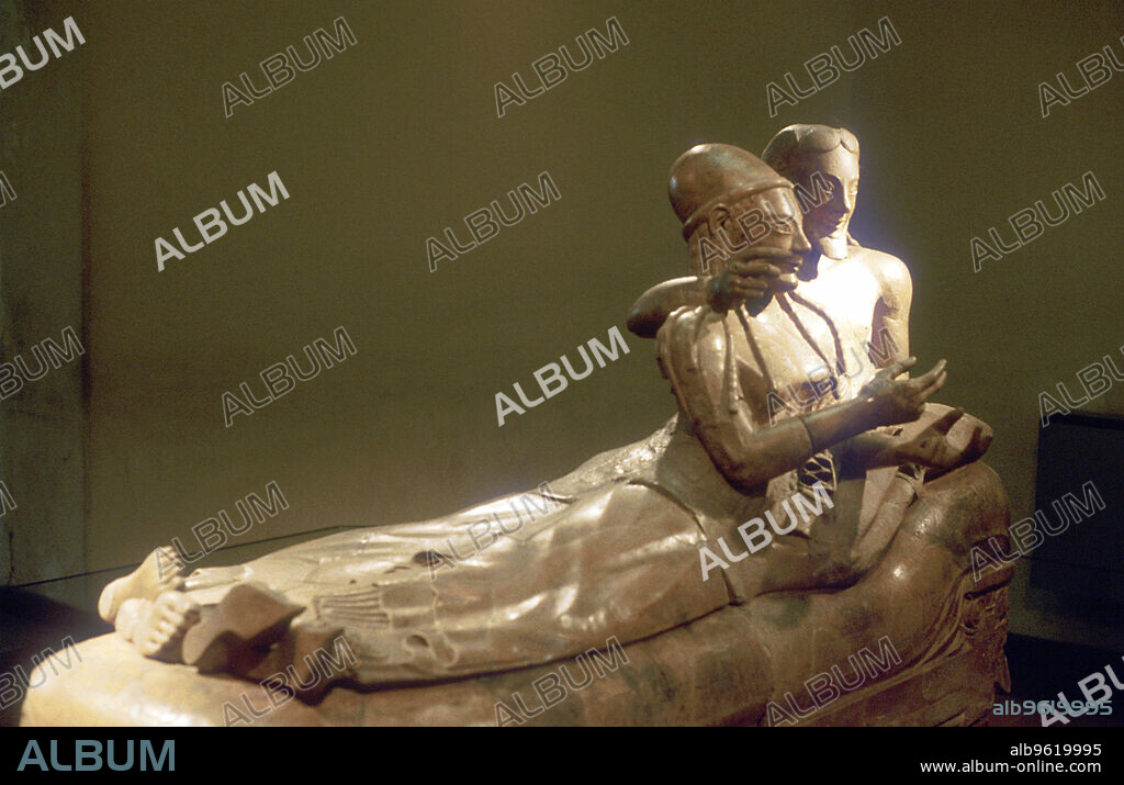 Etruscan sarcophagus with reclining couple, Cerveteri, Italy, 6th century BC. Painted terracotta. The Etruscans were a people who inhabited northern and central Italy from before 800 BC until they were absorbed by the expanding civilization of Rome in the 3rd century BC.