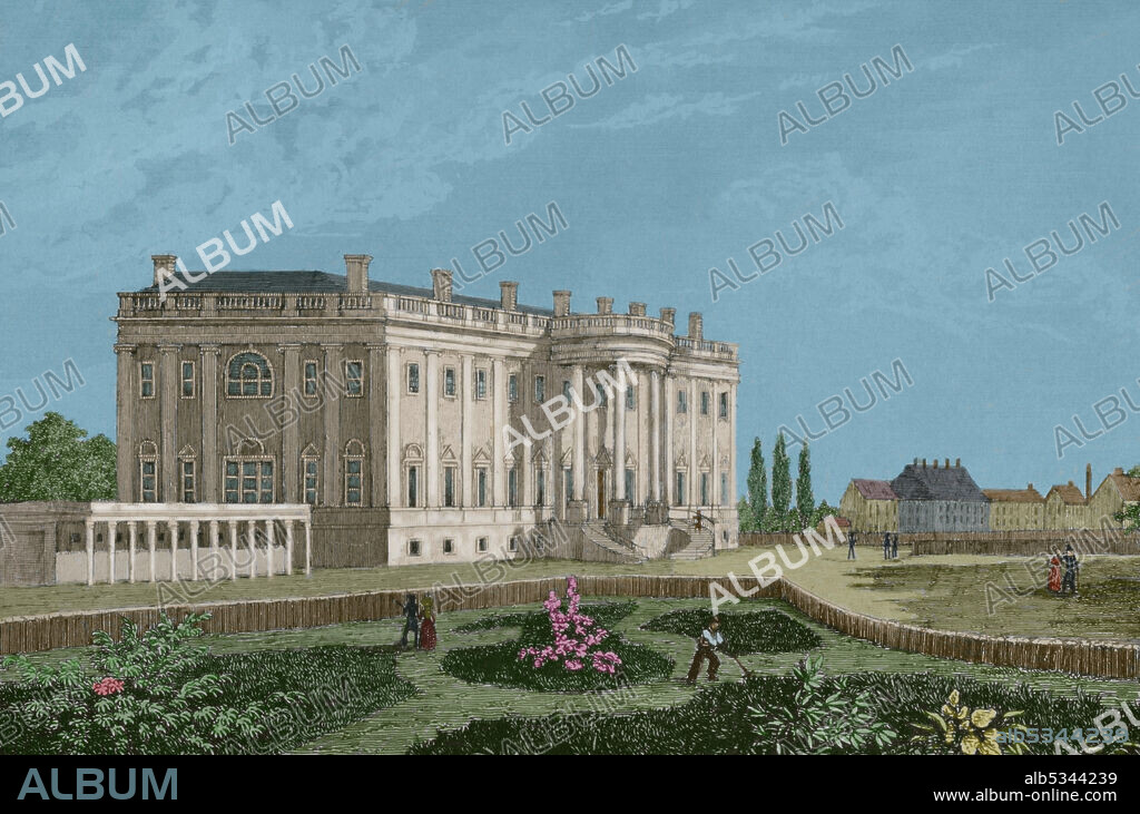 Estados Unidos. Washington. Palacio del Presidente. "Casa Blanca". Estilo Neoclásico. Ha sido la residencia de todos los presidentes estadounidenses desde John Adams, en 1800. El edificio fué diseñado por James Hoban en estilo neoclásico, siendo construido entre 1792 y 1800. Ilustración del siglo XIX en la que se aprecia la Columnata Oeste de Jefferson. Grabado por Arnout y Alfred. Panorama Universal. Historia de los Estados Unidos de América, por Roux de Rochelle. Edición española, impresa en Barcelona, 1850. Coloreado.