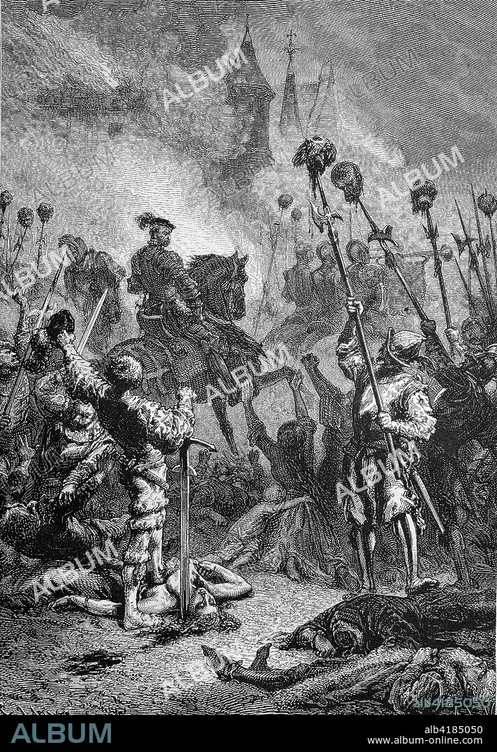 Florian Geyer after his victory over the occupation of Weinsberg, Florian Geyer nach seinem Sieg ?ber die Besatzung von Weinsberg, Florian Geyer von Giebelstadt, 1490 - 1525, was a German nobleman, diplomat, and knight. He became widely known for leading peasants during the German Peasants' War, digital improved reproduction of a woodcut from the year 1885.