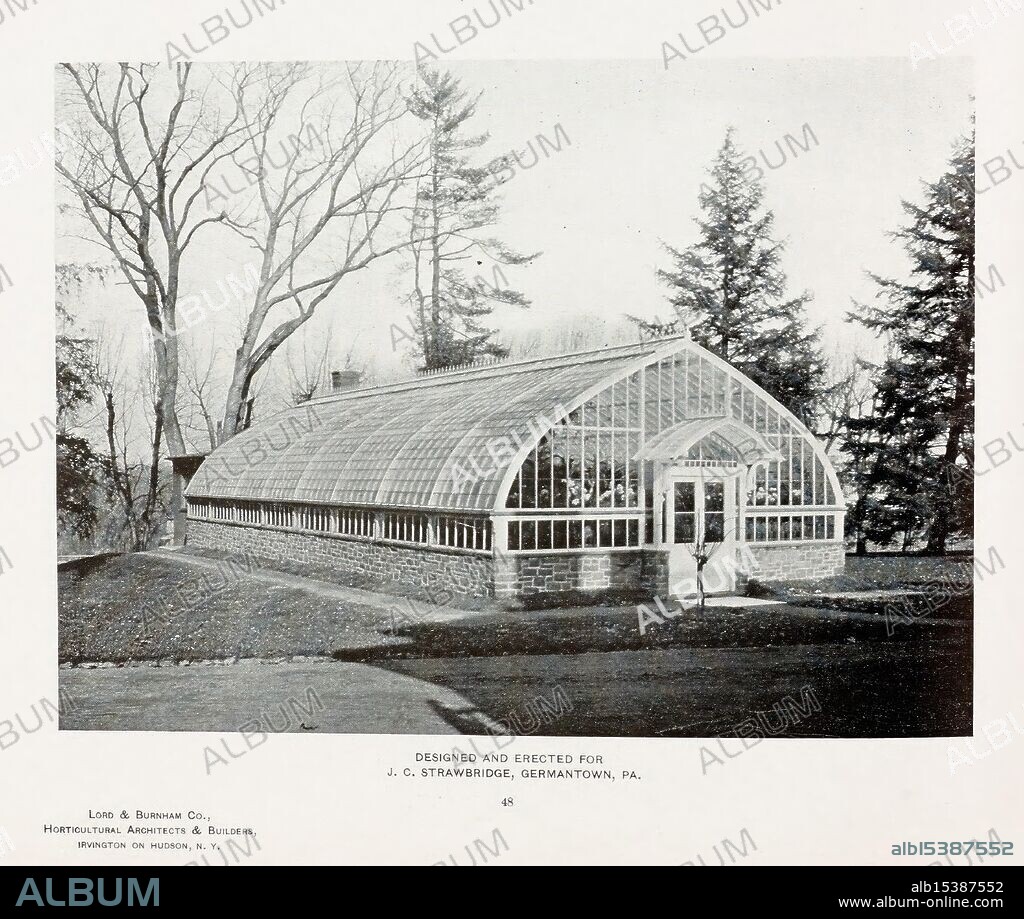 Catalogue of greenhouses Irvington, N.Y, The Company, c1903. Catalogs Greenhouses Lord Burnham Co, A beautifully designed greenhouse featuring a spacious structure with a sloped glass roof that allows ample sunlight to penetrate for optimal plant growth. The facade showcases large glass panels, supported by a sturdy frame, while a distinct entrance with double doors invites visitors inside. Surrounding the greenhouse are tall trees, providing a natural backdrop and hinting at a serene garden environment. The foundation appears solid, indicating a thoughtful construction process for durability. This architectural piece exemplifies the integration of functionality and aesthetic appeal in horticultural design.