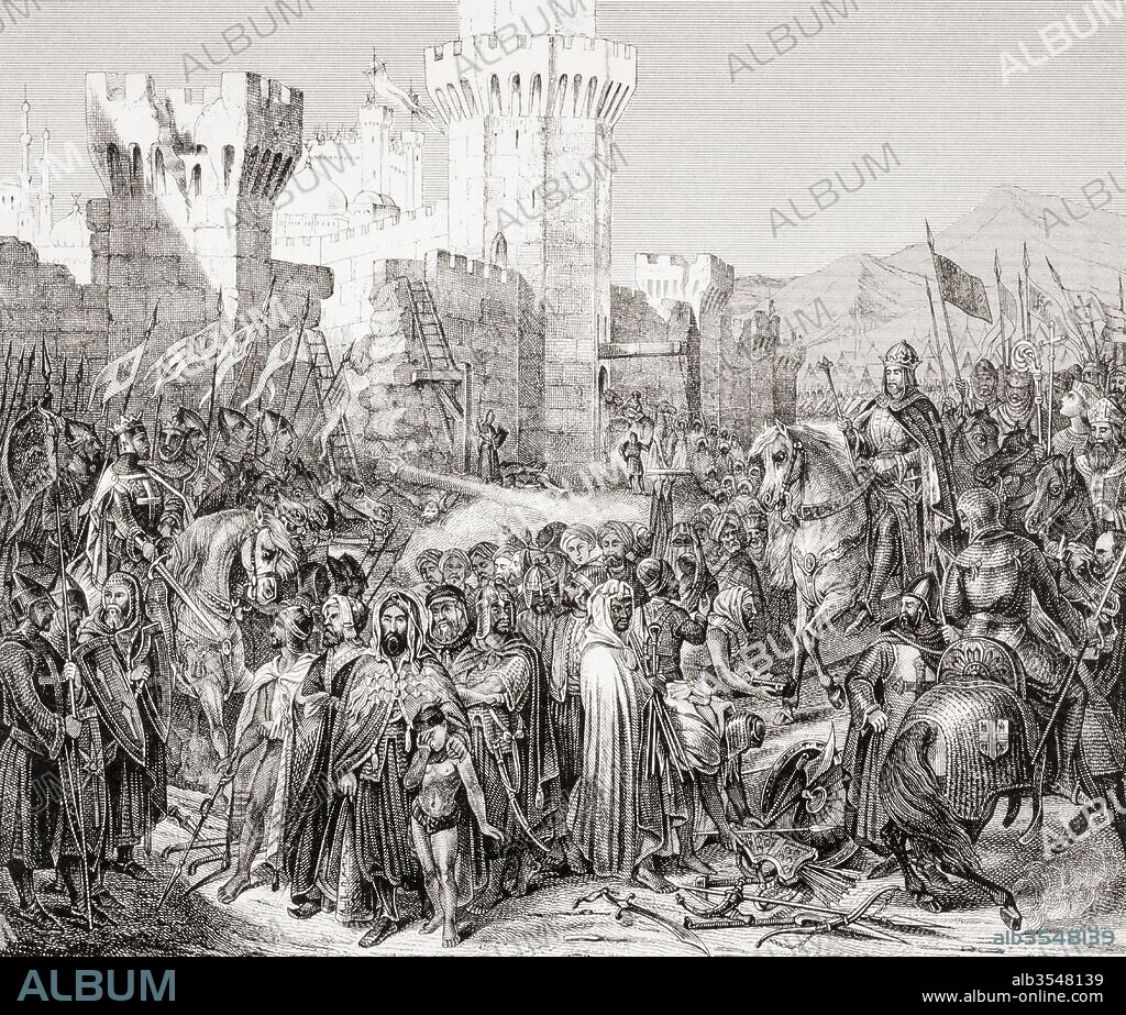 The surrender of Acre to Philip II of France, called Philip Augustus, during the Third Crusade, after a siege which lasted from August 28, 1189 until July 12, 1191. From L'Histoire Universelle Ancienne et Moderne, published in Strasbourg circa 1860.
