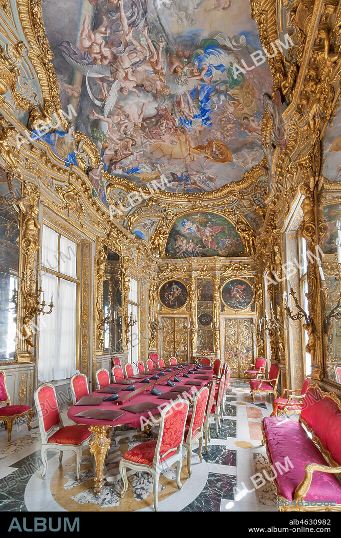 Genoa, Palazzo Carrega-Cataldi (former Palazzo Tobia Pallavicini): the Gallery, with Rococo frescoes by Lorenzo De Ferrari (1740-44). In the vault: the Olympus. In the lunettes and in the tondos: the stories of Aeneas.. World Heritage UNESCO.