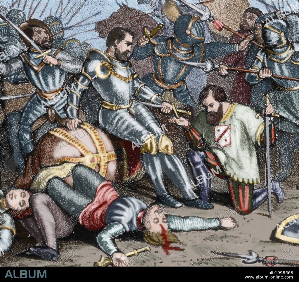 The battle of Pavia. Held on February 24, 1525 between the French army under King Francis I and German-Spanish troops of Emperor Charles V, who were the winner. Francis I of France was taken prisoner after his defeat. Colored engraving.