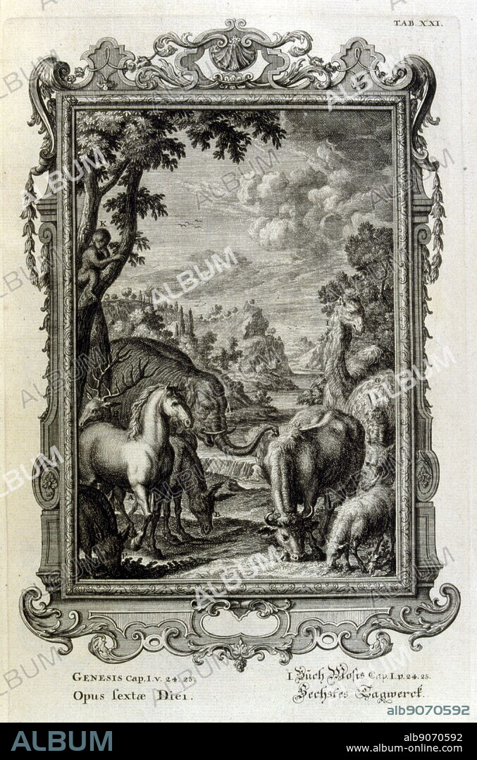 Copperplate engraving from 'Physica Sacra' by the Swiss scholar, Johann Jakob Scheuchzer (1672 - 1733). Scheuchzer believed that the Old Testament was a factual representation of human history and natural life. Physica Sacra is a compilation of art, science, and spirituality. Scheuchzer uses the Bible as his reference point for describing the natural world. Physica Sacra is also known as the Kupfer-Bibel which translates to "Copper Bible." The sketches were done by Johann Melchior Fussli and a number of engravers worked on the compilation. Originally published in 1731, it features over 700 copper plate engravings.