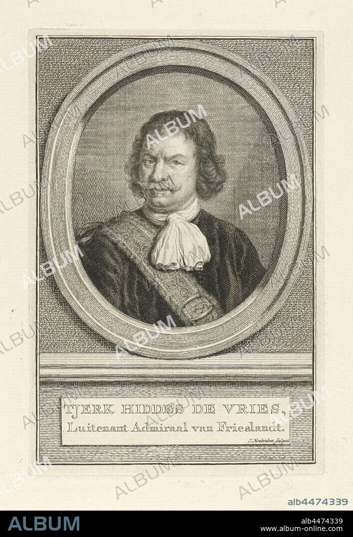 Portrait of Tjerck Hiddes de Vries Tjerk Hiddes de Vries ( title on object), Bjer van Tjerck Hiddes de Vries in an oval. The portrait rests on a plinth with his name and title in two lines in Dutch., Tjerck Hiddes de Vries, Jacob Houbraken (mentioned on object), Amsterdam, 1749 - 1759 and/or 1796, paper, engraving, h 180 mm × w 119 mm.