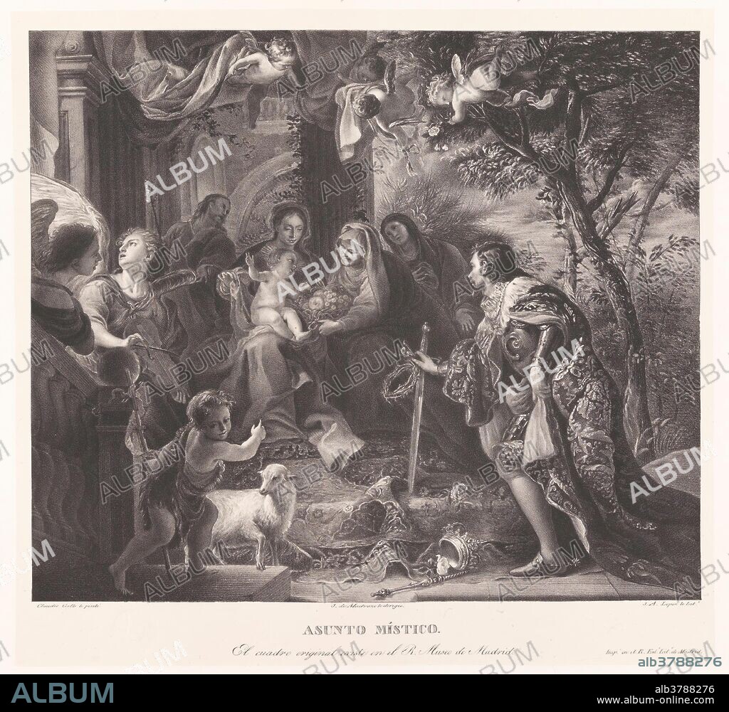 JOSE DE MADRAZO Y AGUDO and JUAN ANTONIO LÓPEZ. Juan Antonio López (Lithographer) (After Coello, Claudio); José de Madrazo y Agudo (Director); Real Establecimiento Litográfico de Madrid (Printer) / 'The Virgin and Child adored by Saint Louis, King of France'. 1829 - 1832. Lithographic aquatint, Crayon lithography, Printing on japon, Scraper on wove paper.