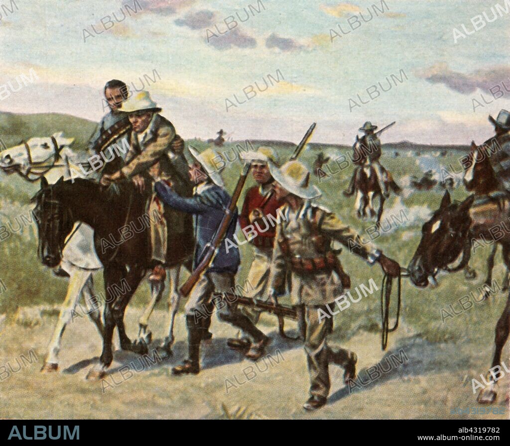 At Okaharui, 3 April 1904, (1936). 'Bei Okaharui, 3 April 1904'. German colonial forces under Major Franz Georg von Glasenapp (1857-1914), commander of the Schutztruppen, were defeated by Herero tribesmen near Okaharui, German West Africa (now Namibia). From "Bilder Deutscher Geschichte", (Pictures of German History), No.12, cigarette card album. [Cigaretten-Bilderdienst, Altona-Bahrenfeld, Hamburg, Germany, 1936].