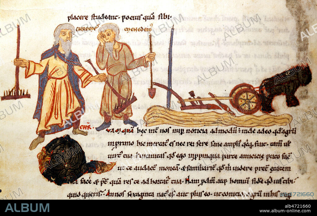 Scene de labours dans un champ : deux paysans portant des rateaux et pelles, derriere une charrue. Enluminure tiree des 'Comedies' de TERENCE, debut 12eme s. (XIIe, 12e s.). Manuscrit medieval conserve a la bibliotheque municipale de Tours. Credit : Coll. JeanVigne/KHARBINE-TAPABOR.