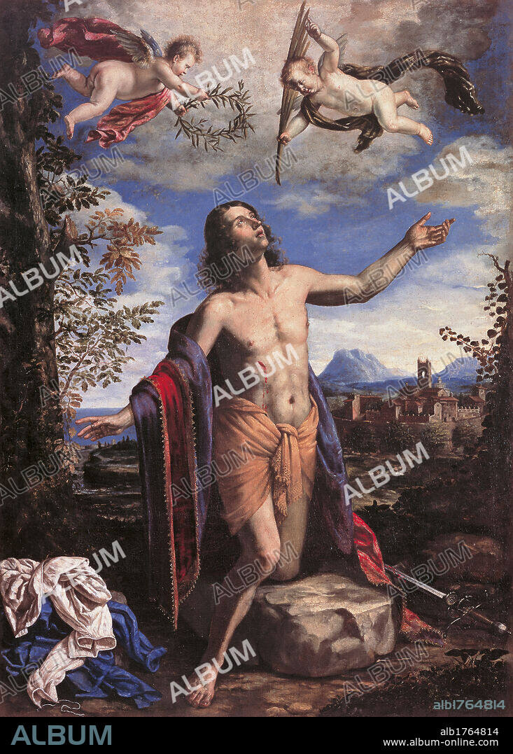 St Victor, by Giovanni Francesco Guerrieri, 1654, 17th Century, oil on canvas, cm 252 x 182. Italy, Marche, Pesaro Urbino, Urbino, Marche National Gallery. In the collections since 1865. All. Man St Victor hermit body wound chest ribs clock mantle clothes garments prayer ecstasy stone crown palm martyrdom cloths view city sky clouds light blue white putti lights chiaroscuro. Authorization required for non editorial use.