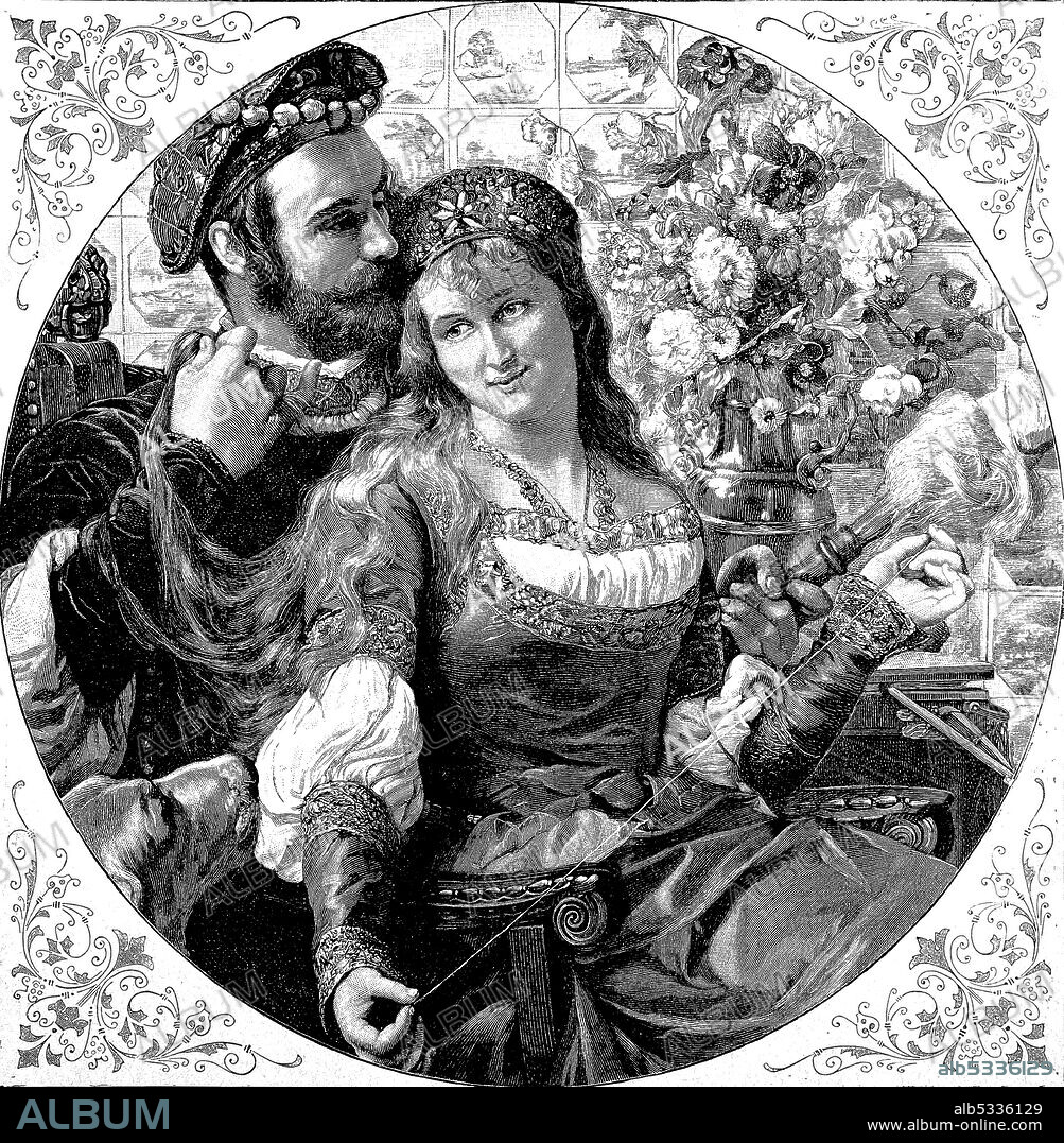 A pair of lovers of the patricians from Gdansk in 1500, Poland  /  Ein Liebespaar der Patrizier aus Danzig im Jahre 1500, Polen, Historisch, historical, digital improved reproduction of an original from the 19th century / digitale Reproduktion einer Originalvorlage aus dem 19. Jahrhundert,.