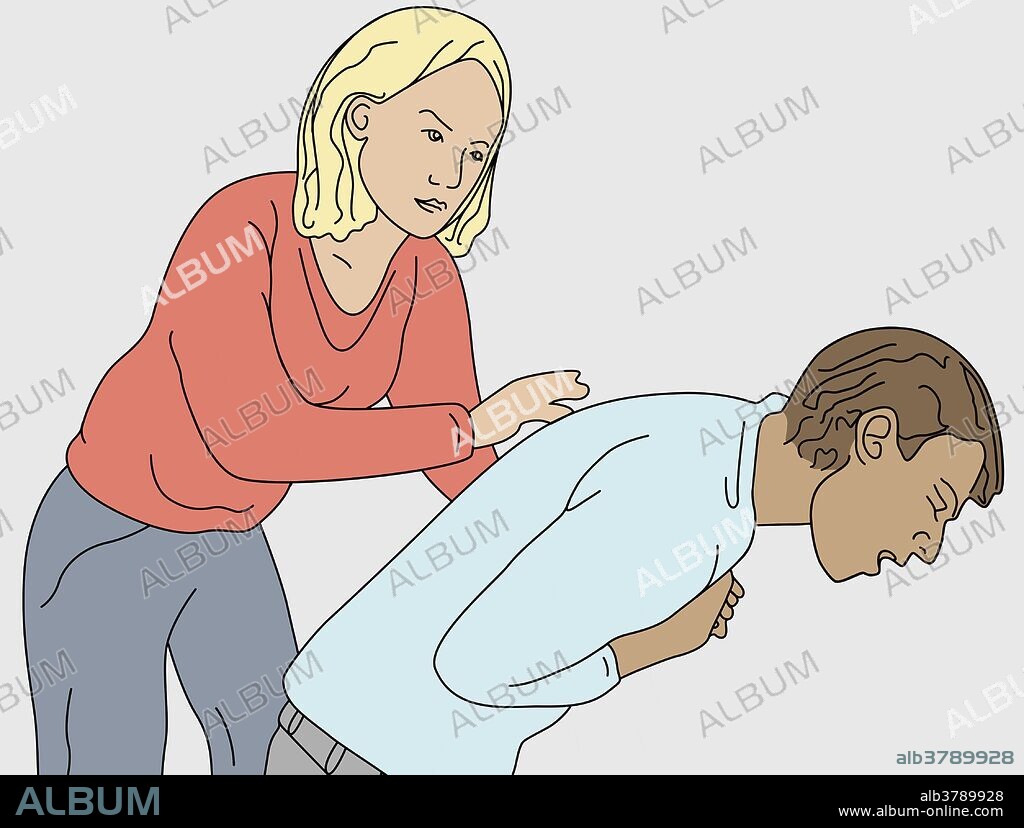 A first aid illustration on how to help a person who is choking.