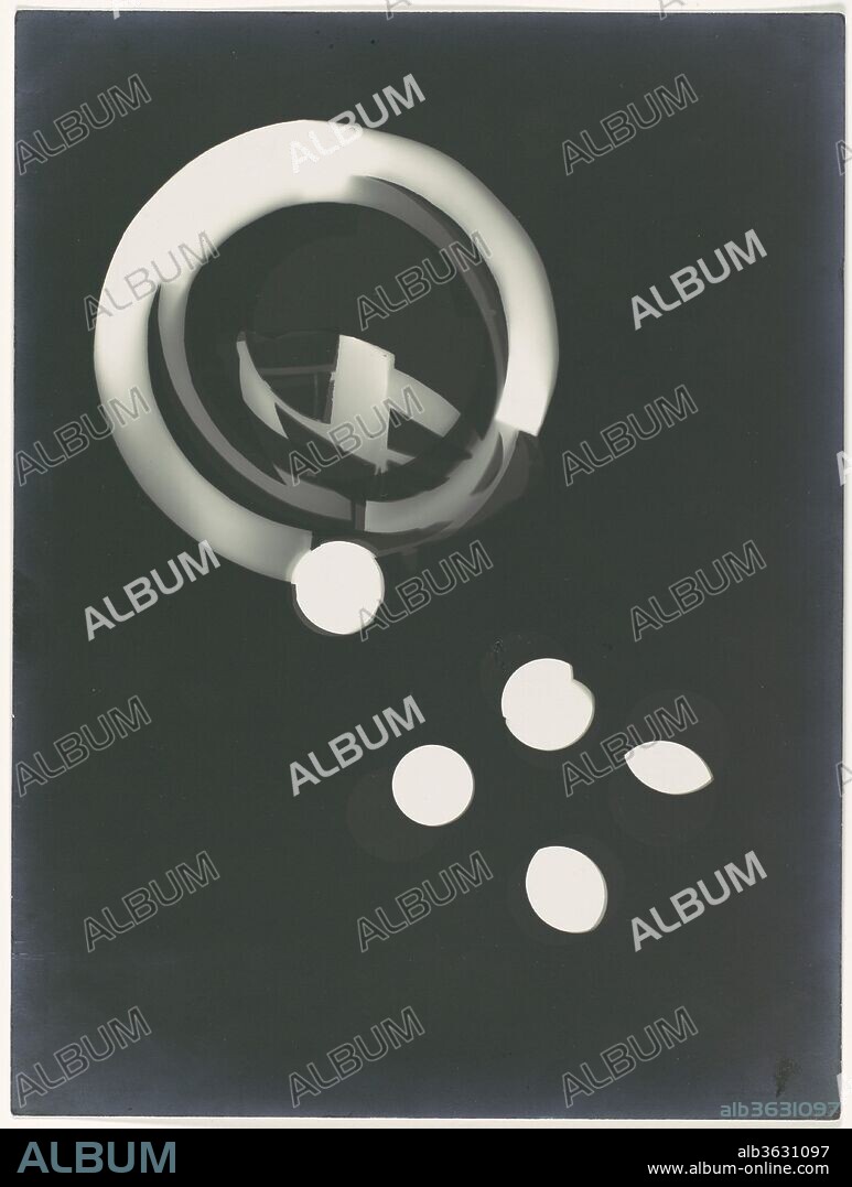 LÁSZLÓ MOHOLY-NAGY. Fotogramm. Artist: László Moholy-Nagy (American (born Hungary), Borsod 1895-1946 Chicago, Illinois). Dimensions: 23.8 x 17.8 cm (9 3/8 x 7 in.). Date: 1925.
Moholy-Nagy played a key role at the Bauhaus in both Weimar and Dessau from 1923 to 1928, and at the New Bauhaus (later the Institute of Design) in Chicago from 1937 until is death in 1946.  His major contribution to avant-garde photography was the new vision (das neue Sehen), in which he advocated a new approach to the medium, proposing the use of such techniques as the manipulation of light in cameraless photograms.  Moholy-Nagy made this image by placing commonplace domestic objects on a sheet of photographic paper and exposing it to light.  The resulting spatial, tonal, and gestural qualities of these abstract compositions challenged traditional modes of visual apprehension and representation.
Dancing on the Roof label text:
Although Moholy did not invent the photogram technique--which involved placing objects on photographic paper and exposing them to light--he made extraordinarily innovative use of it. In works such as this one, he delighted in the play of abstract forms in indeterminate space and the striking contrasts between the deepest black and the brightest white.