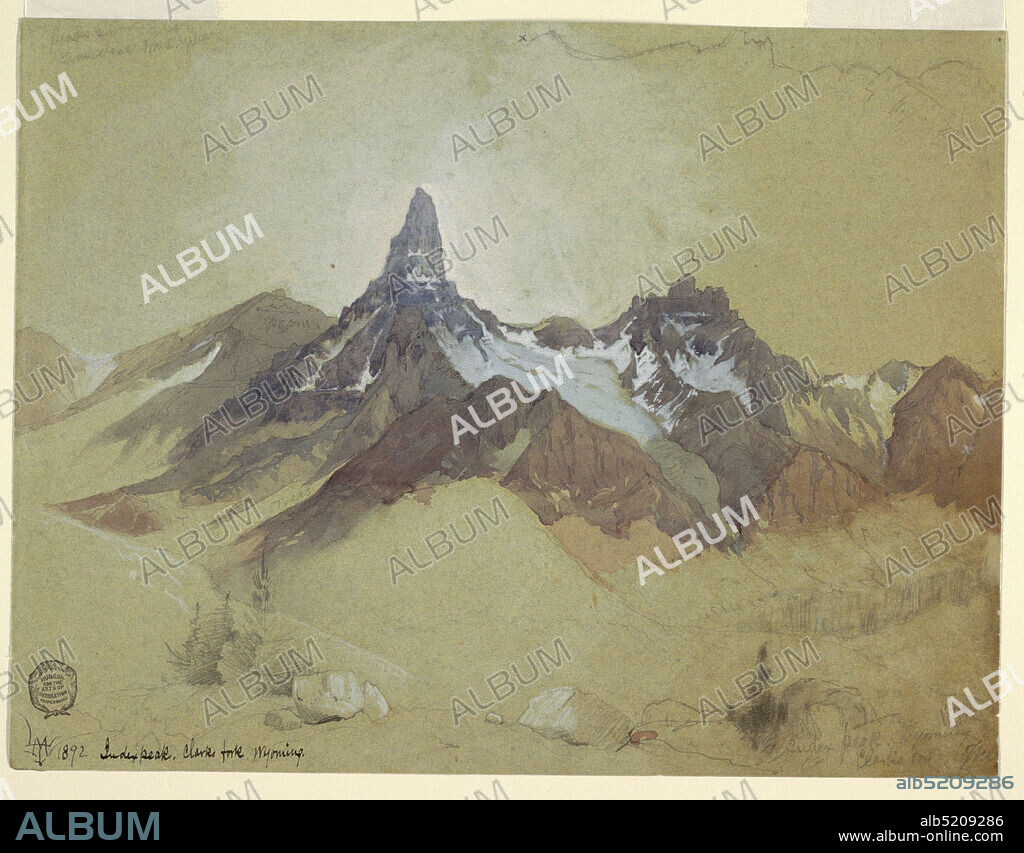 Index Peak, Clarks Fork, Wyoming, Thomas Moran, American, b. Britain, 18371926, Brush and watercolor, white gouache, graphite on wove blue-green wove paper, Horizontal view of a pointed rock peak in the middle distance, placed just left of center on the sheet. Brown jagged rocks surrounds white highlighted peak. In the foreground, small green shrubs and rocks rendered in graphite. White gouache sky behind peak., 1892, landscapes, Drawing, Drawing.