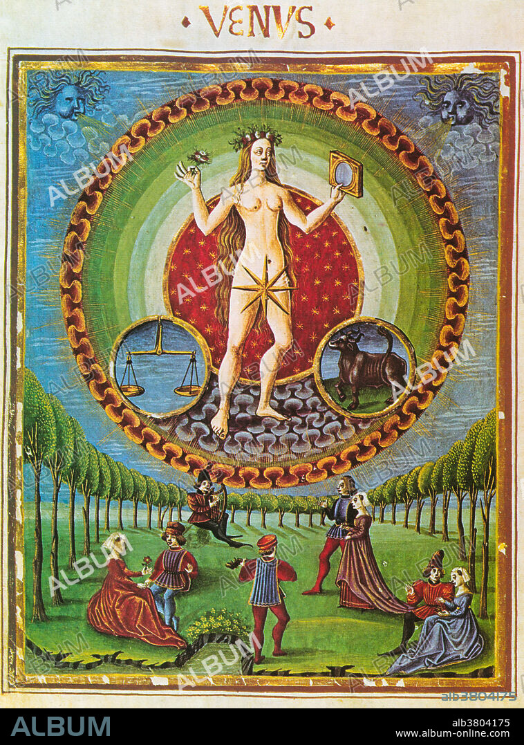 Astrology illustration of Venus, ruler of Libra and Taurus from the Fifteenth Century Lombard Manuscript De Sphaera. Venus is the goddess of love and beauty and is depicted here in the center of the circle. Also present in the illustration are the zodiac symbols for Taurus (the bull) and Libra (scales).
