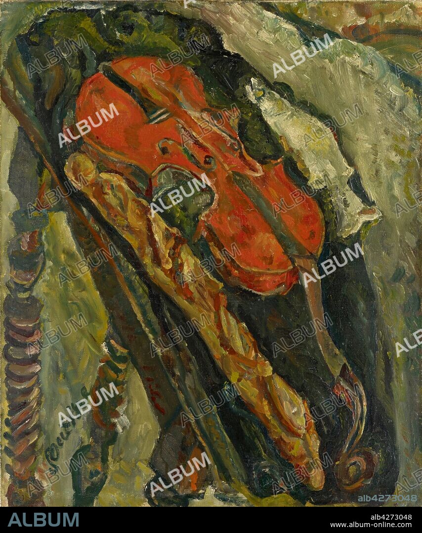 CHAIM SOUTINE. Nature morte au violon, pain et poisson (Still life with violin, bread and fish).