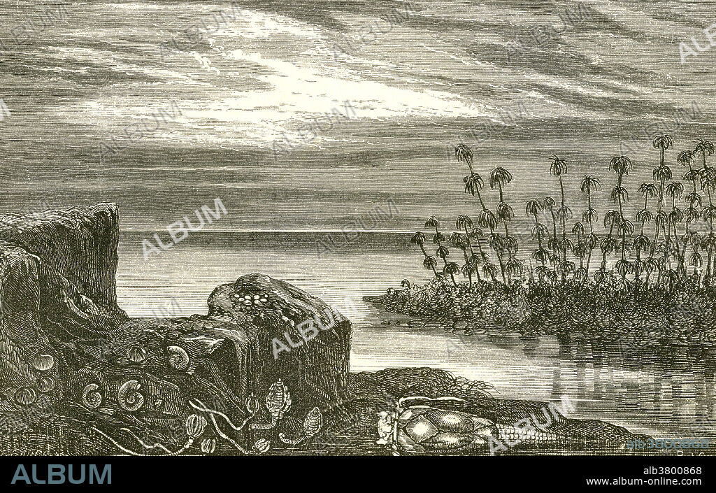Ideal landscape of the Devonian Period, from Louis Figuier's The World Before the Deluge, 1867 American edition. The Devonian is known for its armour-plated fishes, brachiopods, crinoids and ammonites. The plants on land are Asterophyllites, similar to modern-day horsetails.